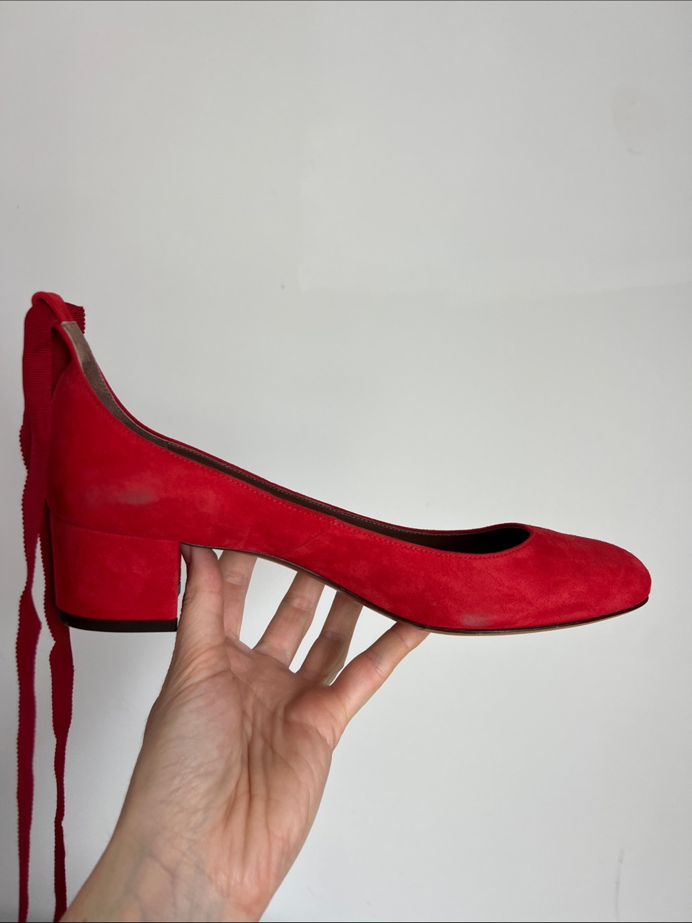 Tabitha Simmons red suede block low heels with ribbon wrap around ankle bows 38 - Picture 6 of 16